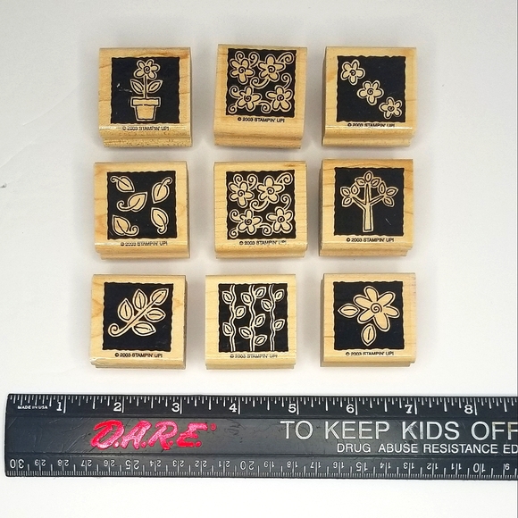 Stampin' Up! Nine Piece Retro 2003 "Garden Blocks" Wooden Rubber Stamp Set - Picture 2 of 8